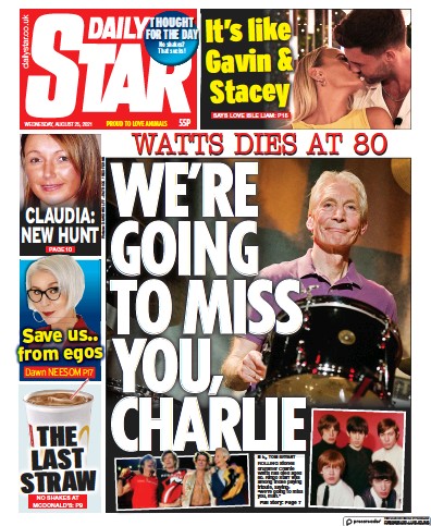 Daily Star Newspaper Front Page (UK) for 25 August 2021