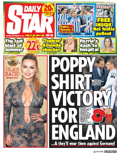 Daily Star Newspaper Front Page (UK) for 25 September 2017