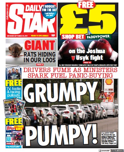 Daily Star Newspaper Front Page (UK) for 25 September 2021