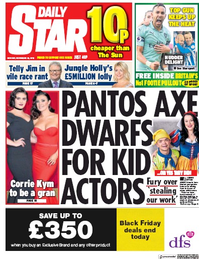 Daily Star Newspaper Front Page (UK) for 26 November 2018