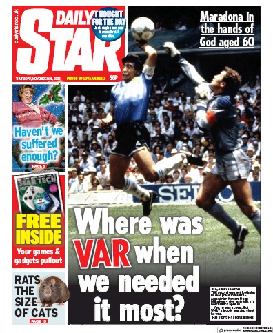 Daily Star Newspaper Front Page (UK) for 26 November 2020