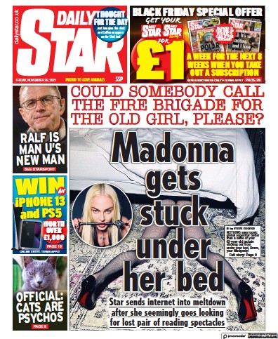 Daily Star Newspaper Front Page (UK) for 26 November 2021