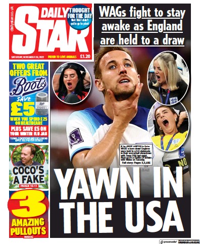 Daily Star Newspaper Front Page (UK) for 26 November 2022