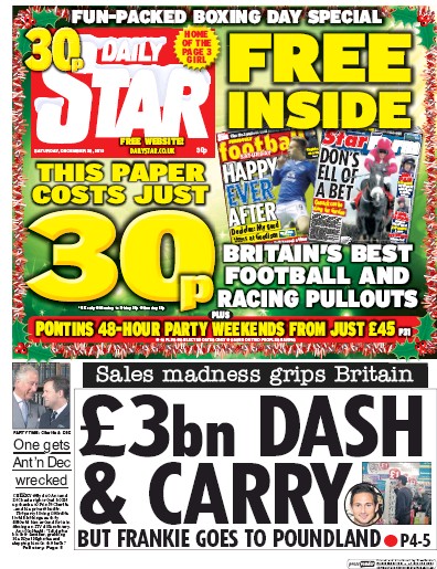 Daily Star Newspaper Front Page (UK) for 26 December 2015