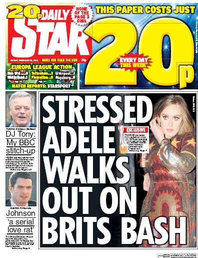 Daily Star Newspaper Front Page (UK) for 26 February 2016