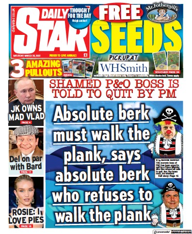 Daily Star Newspaper Front Page (UK) for 26 March 2022