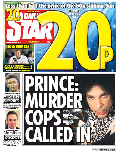 Daily Star Newspaper Front Page (UK) for 26 April 2016