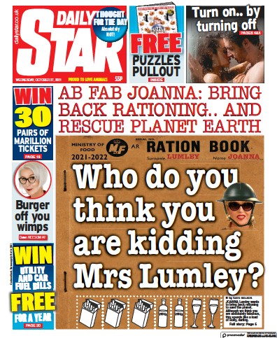 Daily Star Newspaper Front Page (UK) for 27 October 2021