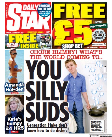 Daily Star Newspaper Front Page (UK) for 27 December 2021