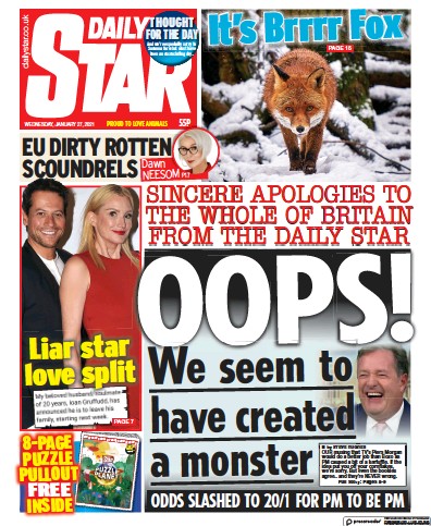 Daily Star Newspaper Front Page (UK) for 27 January 2021