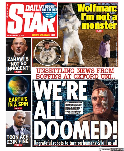 Daily Star Newspaper Front Page (UK) for 27 January 2023