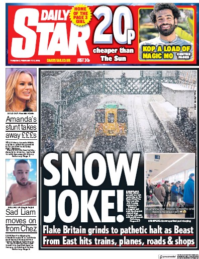 Daily Star Newspaper Front Page (UK) for 27 February 2018