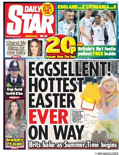 Daily Star Newspaper Front Page (UK) for 27 March 2017
