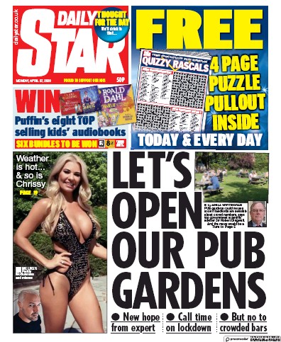 Daily Star Newspaper Front Page (UK) for 27 April 2020