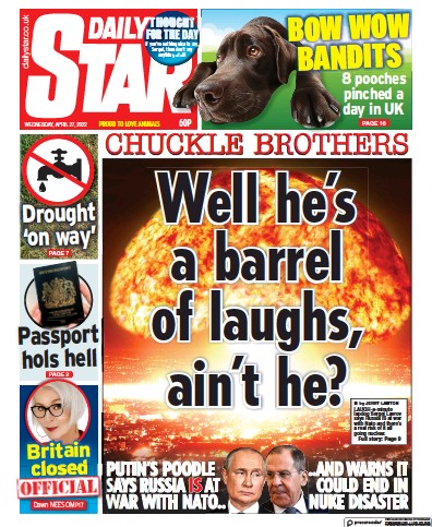 Daily Star Newspaper Front Page (UK) for 27 April 2022