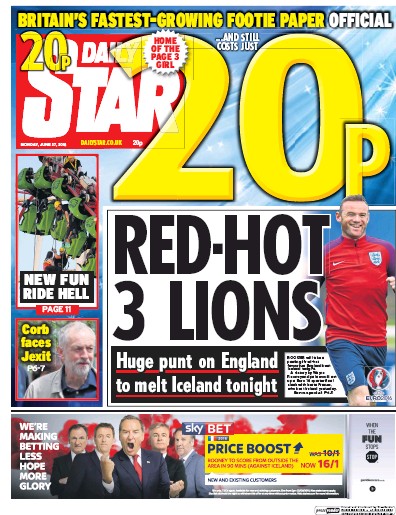 Daily Star Newspaper Front Page (UK) for 27 June 2016