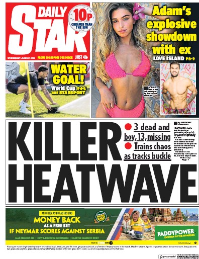 Daily Star Newspaper Front Page (UK) for 27 June 2018