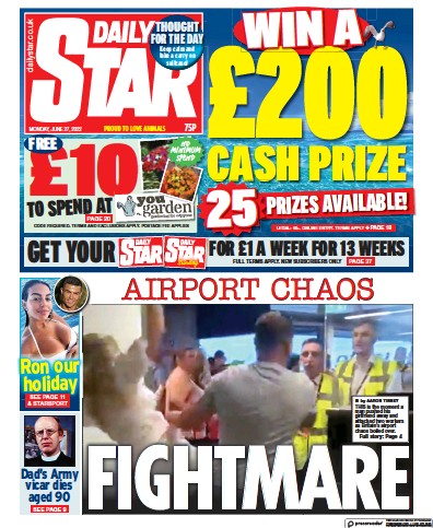 Daily Star Newspaper Front Page (UK) for 27 June 2022