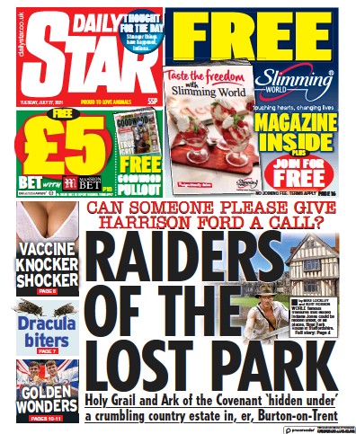 Daily Star Newspaper Front Page (UK) for 27 July 2021