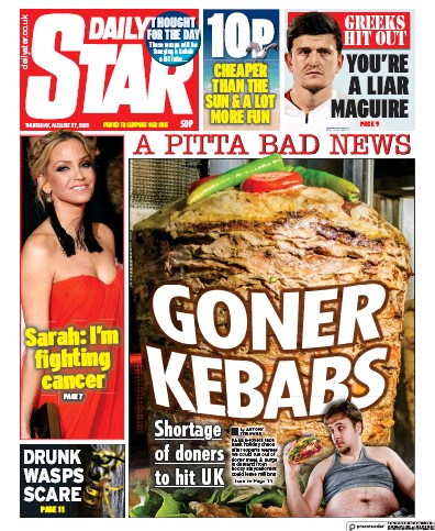 Daily Star Newspaper Front Page (UK) for 27 August 2020