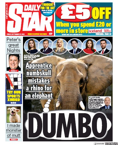 Daily Star Newspaper Front Page (UK) for 27 September 2019