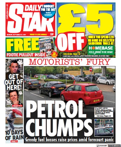 Daily Star Newspaper Front Page (UK) for 27 September 2021