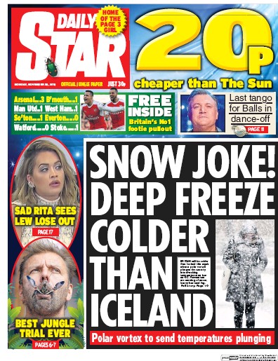 Daily Star Newspaper Front Page (UK) for 28 November 2016