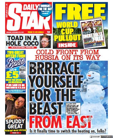 Daily Star Newspaper Front Page (UK) for 28 November 2022