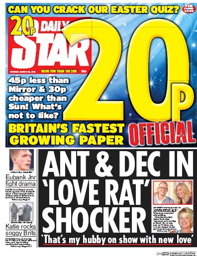 Daily Star Newspaper Front Page (UK) for 28 March 2016