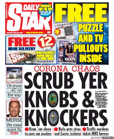 Daily Star Newspaper Front Page (UK) for 28 March 2020