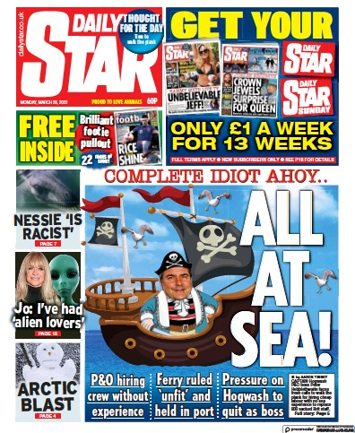 Daily Star Newspaper Front Page (UK) for 28 March 2022
