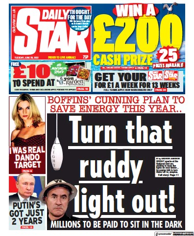 Daily Star Newspaper Front Page (UK) for 28 June 2022