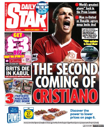 Daily Star Newspaper Front Page (UK) for 28 August 2021