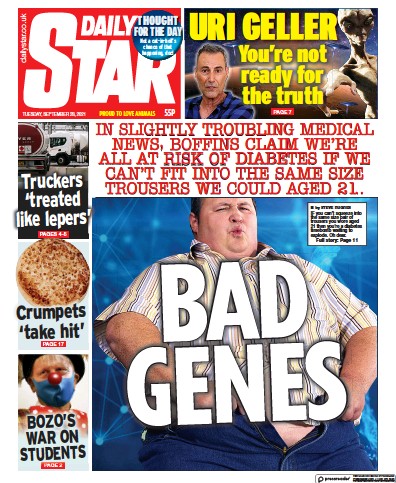 Daily Star Newspaper Front Page (UK) for 28 September 2021