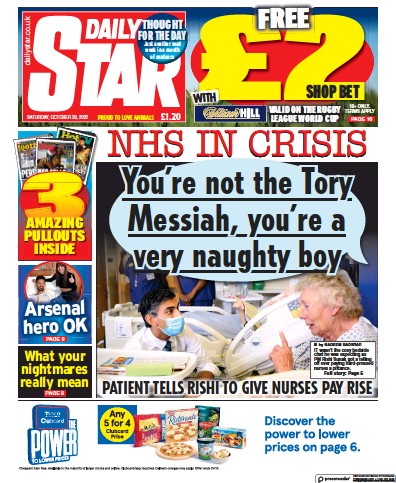 Daily Star Newspaper Front Page (UK) for 29 October 2022