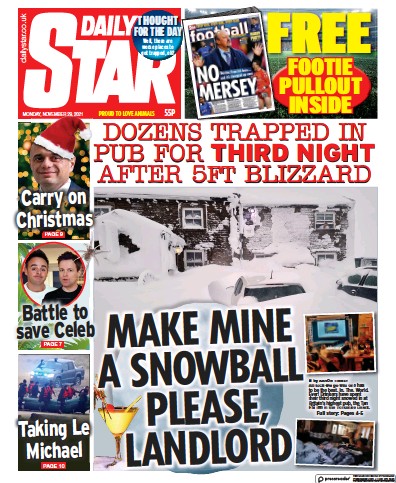 Daily Star Newspaper Front Page (UK) for 29 November 2021