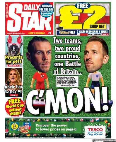 Daily Star Newspaper Front Page (UK) for 29 November 2022