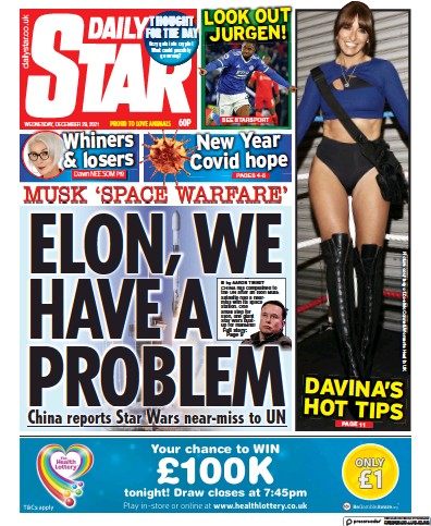 Daily Star Newspaper Front Page (UK) for 29 December 2021