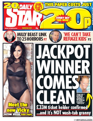 Daily Star Newspaper Front Page (UK) for 29 January 2016