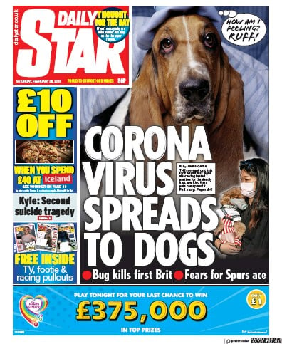 Daily Star Newspaper Front Page (UK) for 29 February 2020