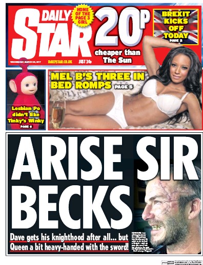 Daily Star Newspaper Front Page (UK) for 29 March 2017