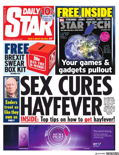 Daily Star Newspaper Front Page (UK) for 29 March 2019