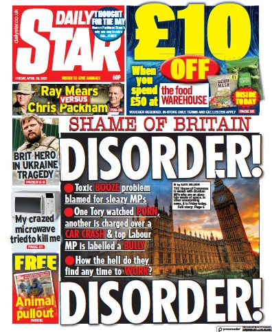 Daily Star Newspaper Front Page (UK) for 29 April 2022