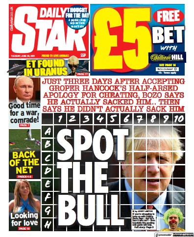 Daily Star Newspaper Front Page (UK) for 29 June 2021
