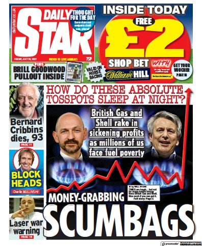 Daily Star Newspaper Front Page (UK) for 29 July 2022