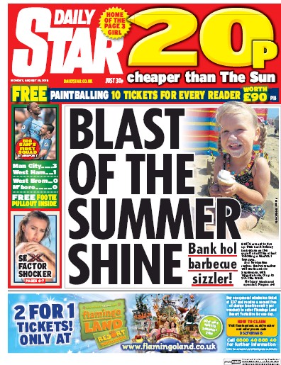 Daily Star Newspaper Front Page (UK) for 29 August 2016
