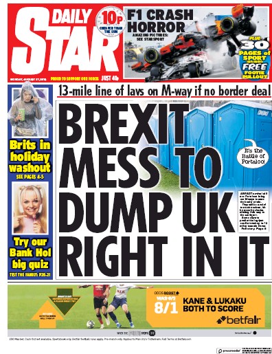 Daily Star Newspaper Front Page (UK) for 29 August 2018