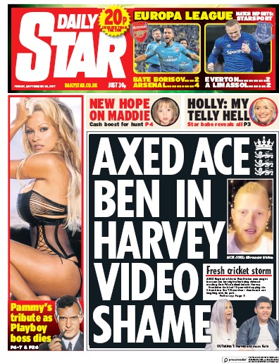 Daily Star Newspaper Front Page (UK) for 29 September 2017