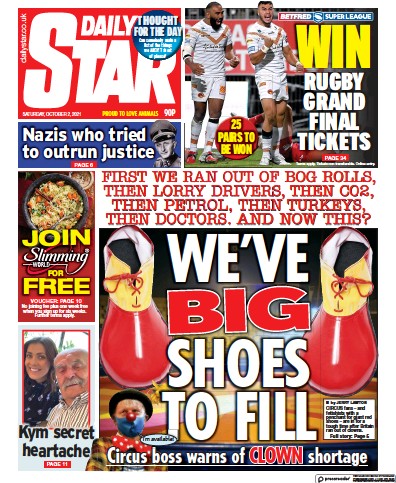 Daily Star Newspaper Front Page (UK) for 2 October 2021