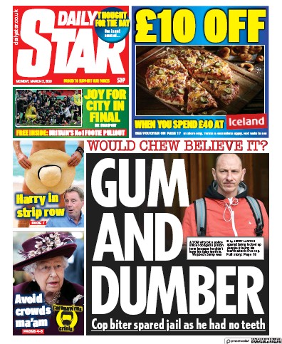 Daily Star Newspaper Front Page (UK) for 2 March 2020